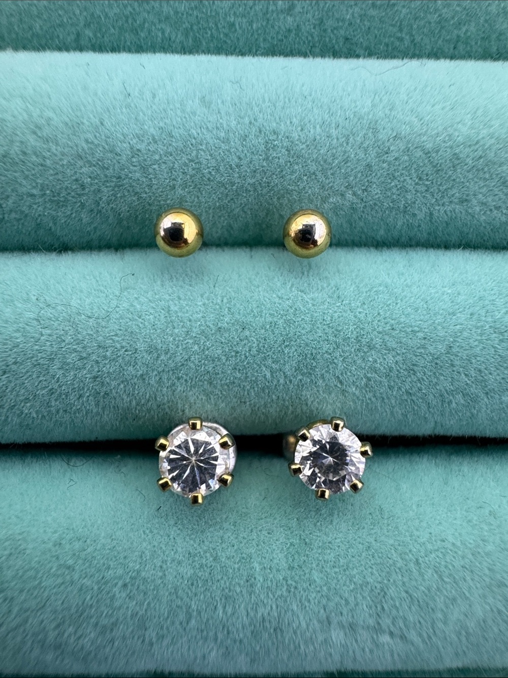 💛 Gold Plated Ball & Gold-Prong Clear Stone Stud Earring Set | 2 Pairs